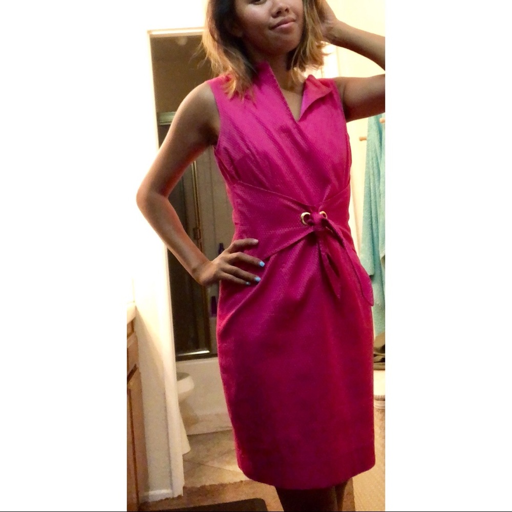 David meister magenta pink quilted dress gold